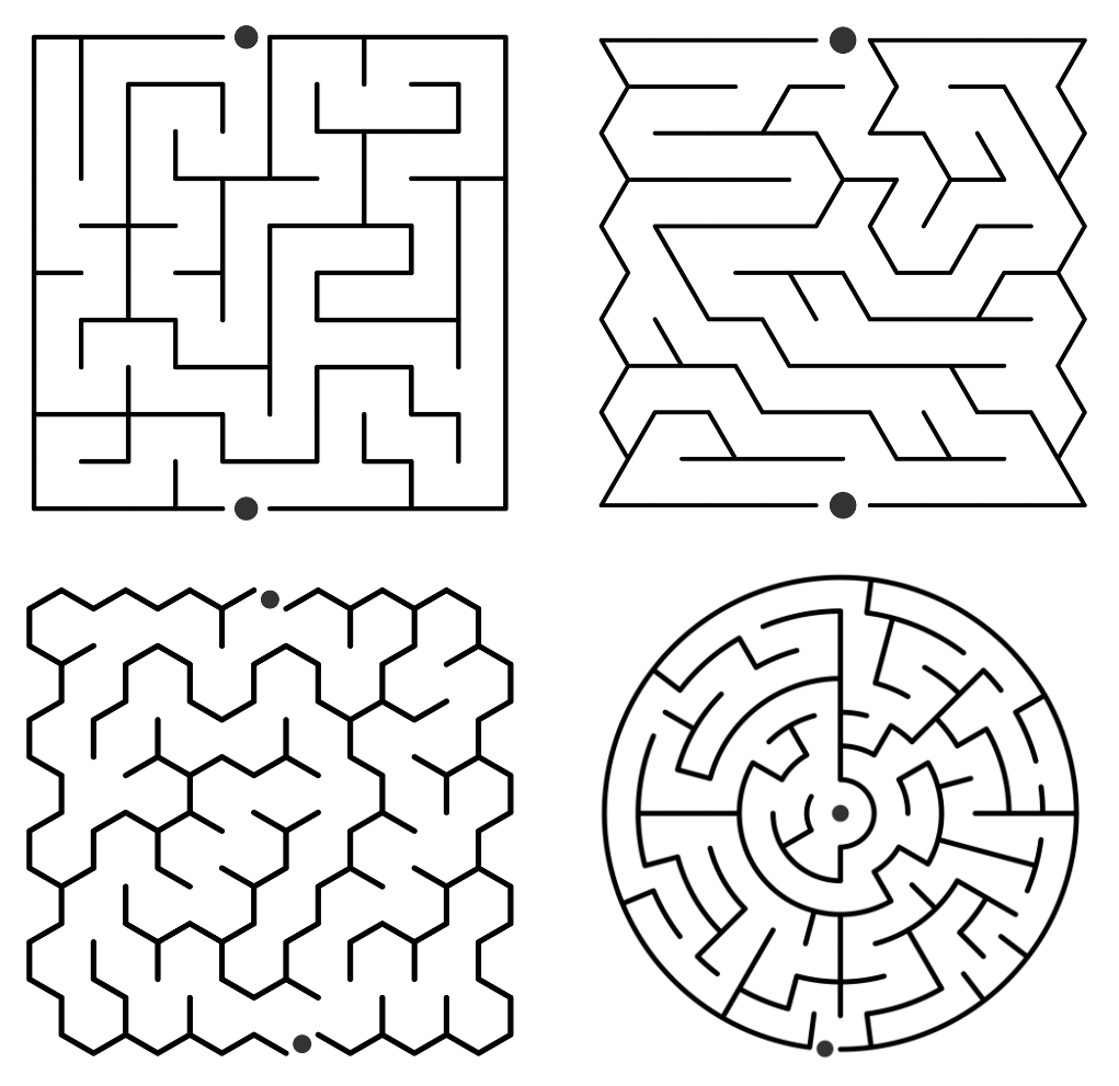 Different maze types made with Maze Maker Pro