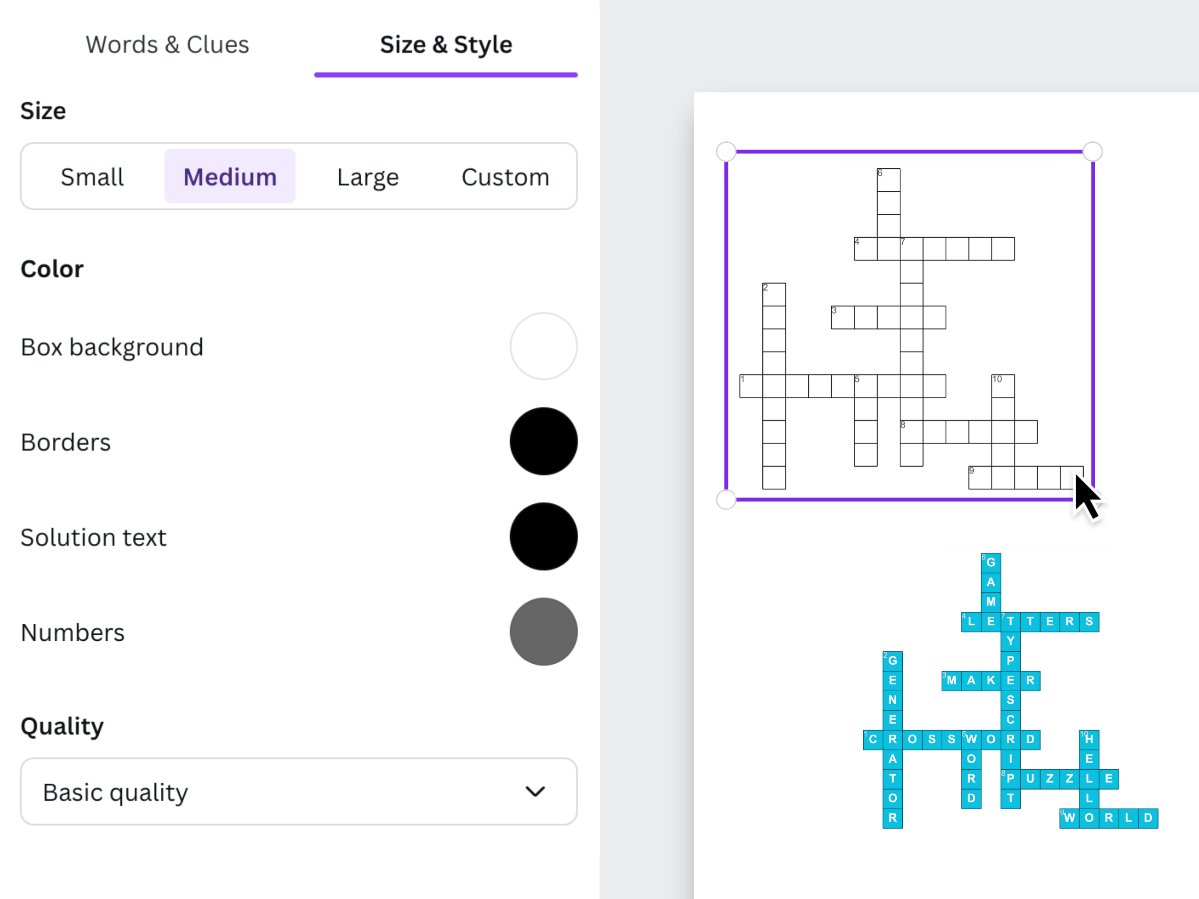 Crossword AI panel in Canva